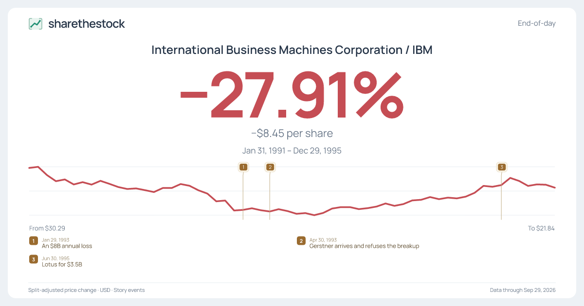 Share card for IBM: −27.91% Jan 1991 – Dec 1995